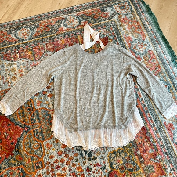 Gray with white lace tie back sweater - Picture 2 of 4